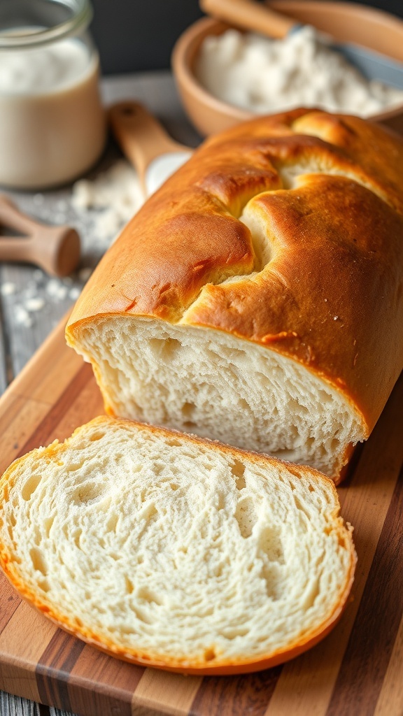 A golden brown loaf of homemade bread sliced to show its soft texture, on a wooden board.